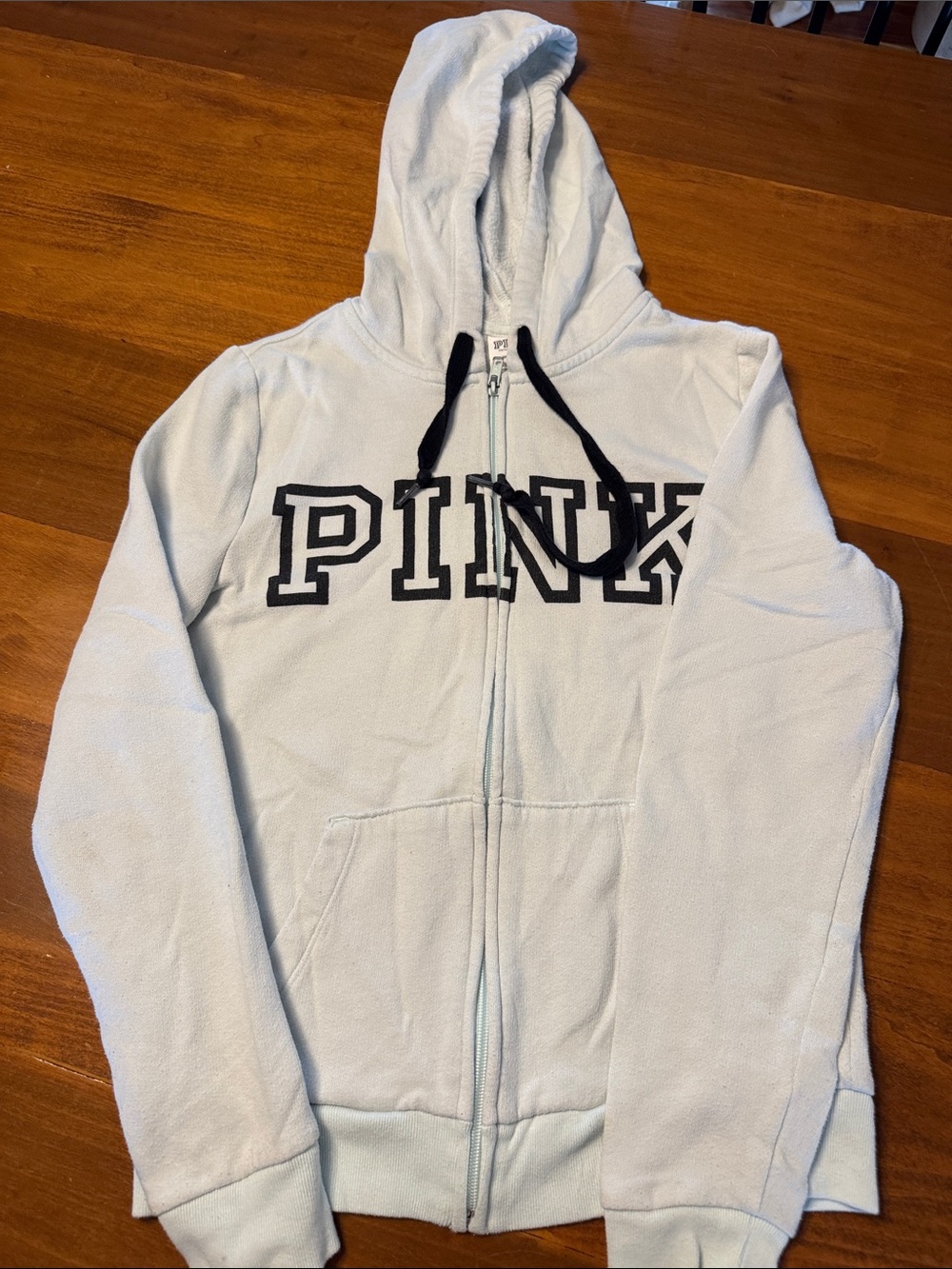PINK Victoria's Secret Light Blue Zip-Up Hoodie with Black Drawstrings